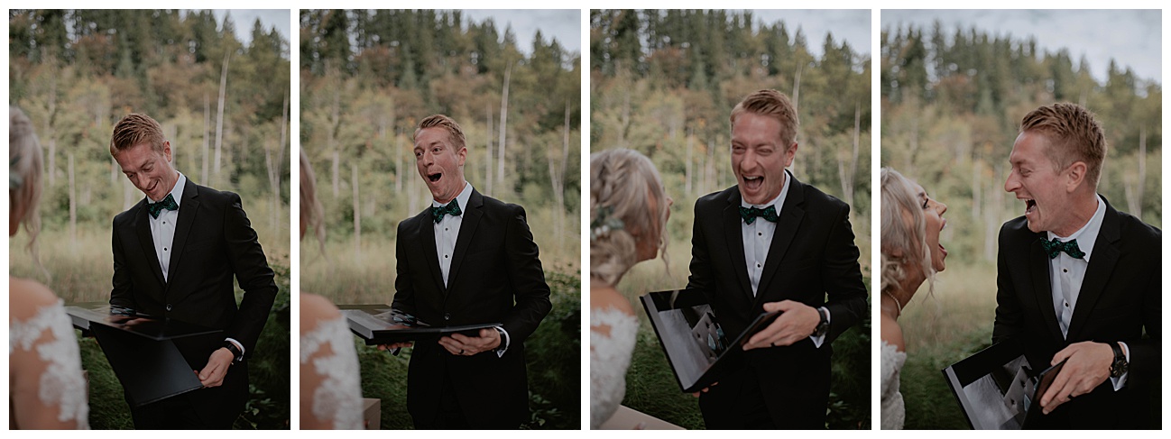 groom looking at his brides boudoir album on wedding day