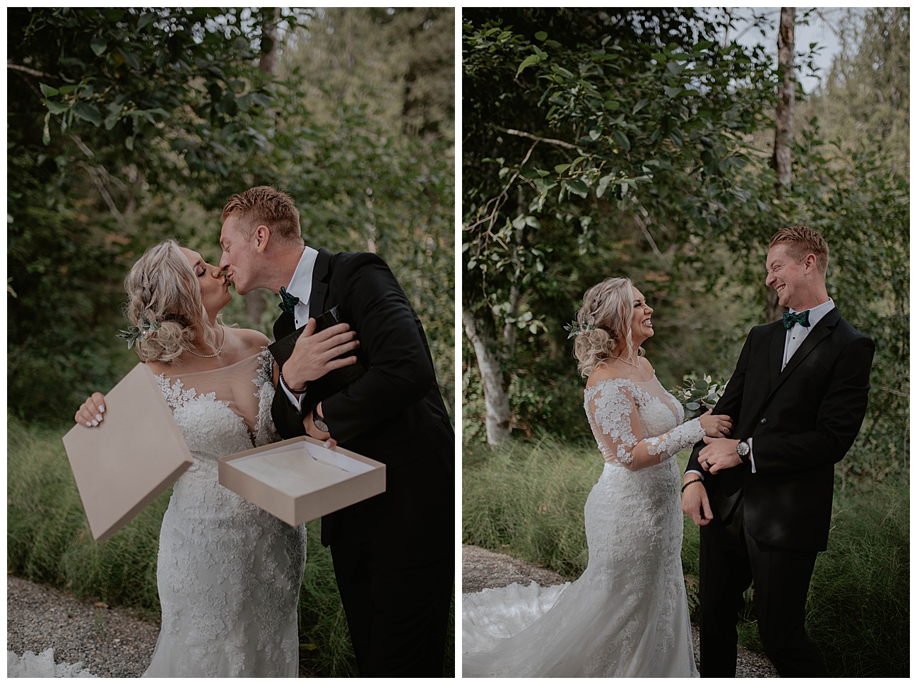 bride and groom exchanging wedding gifts on wedding day