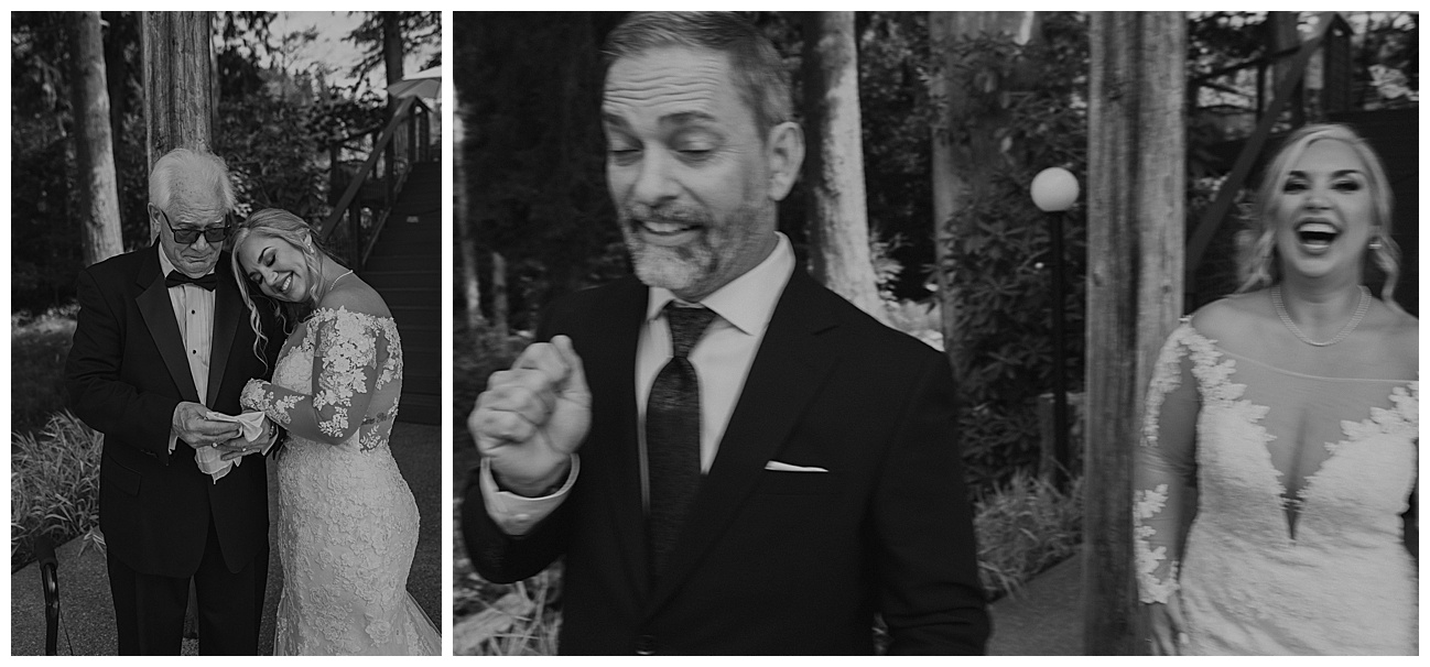 bride first look with dad and grandpa on wedding day