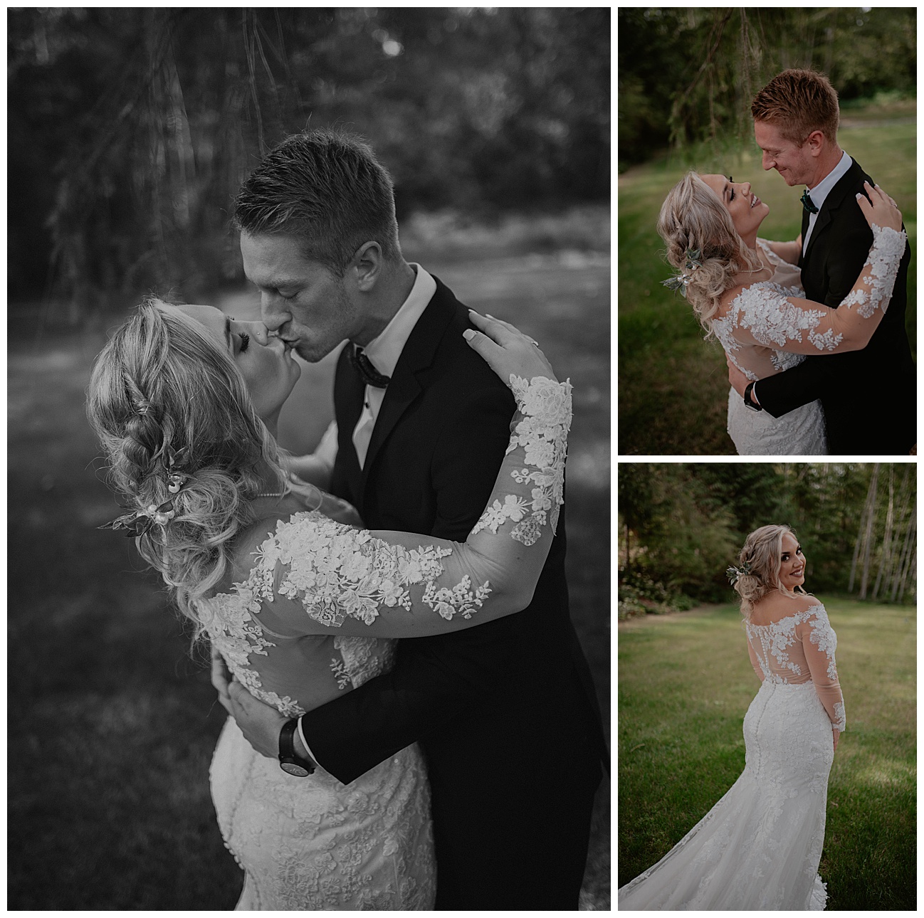 bride and groom embracing on wedding day