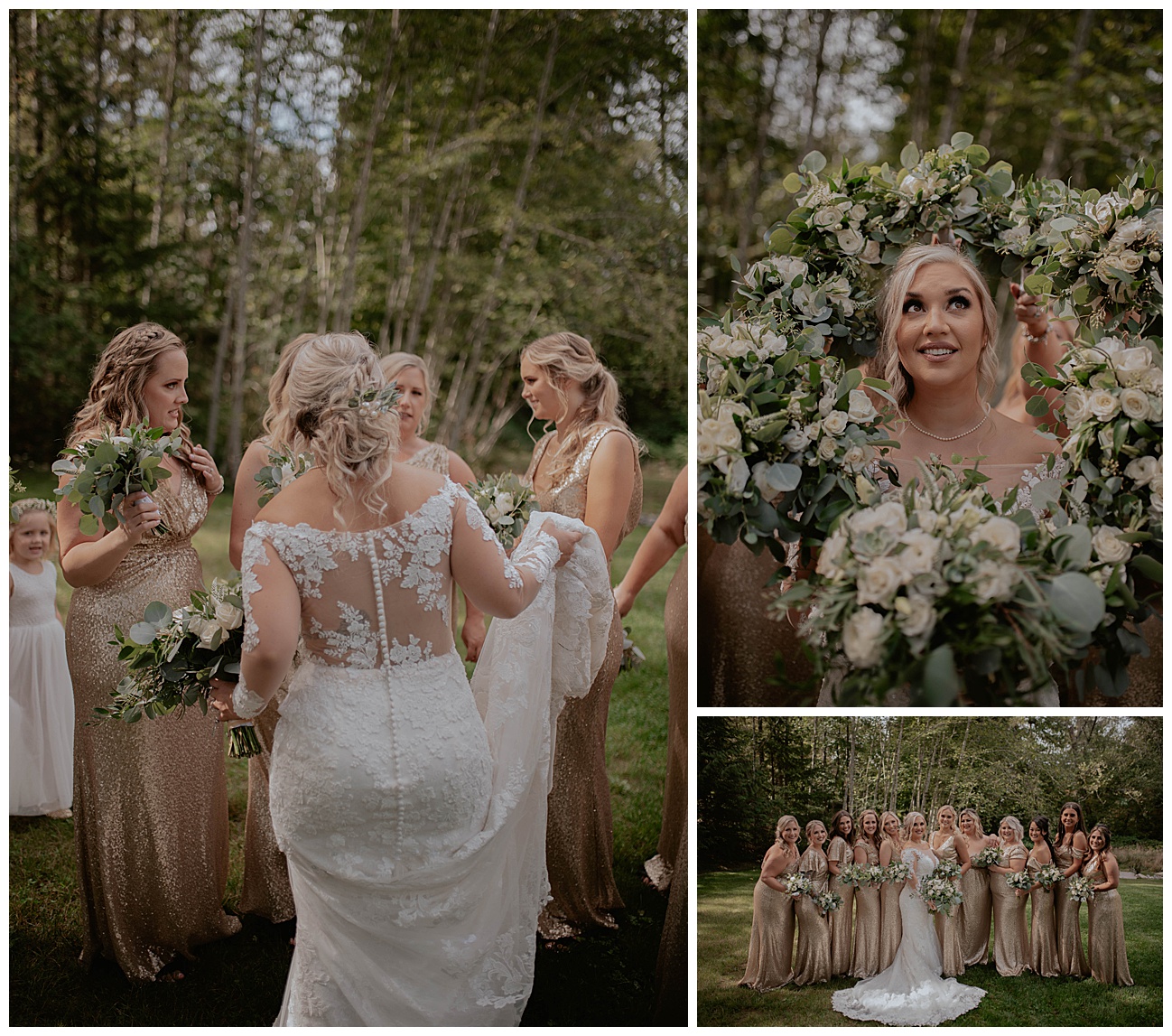bride and bridesmaids all in sparkly floor length gold dresses