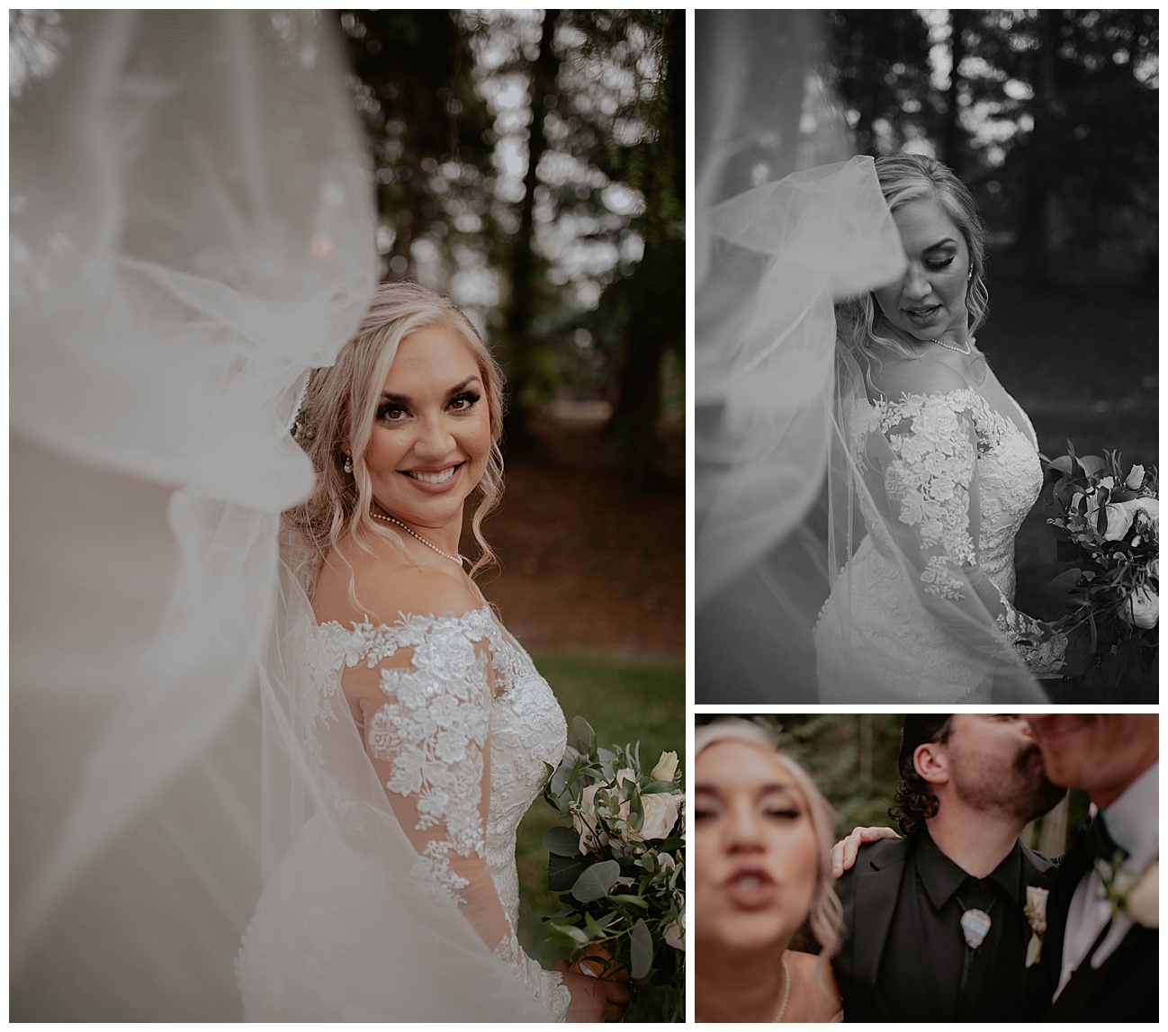 bridal portraits with white sheer veil at gray bridge venue