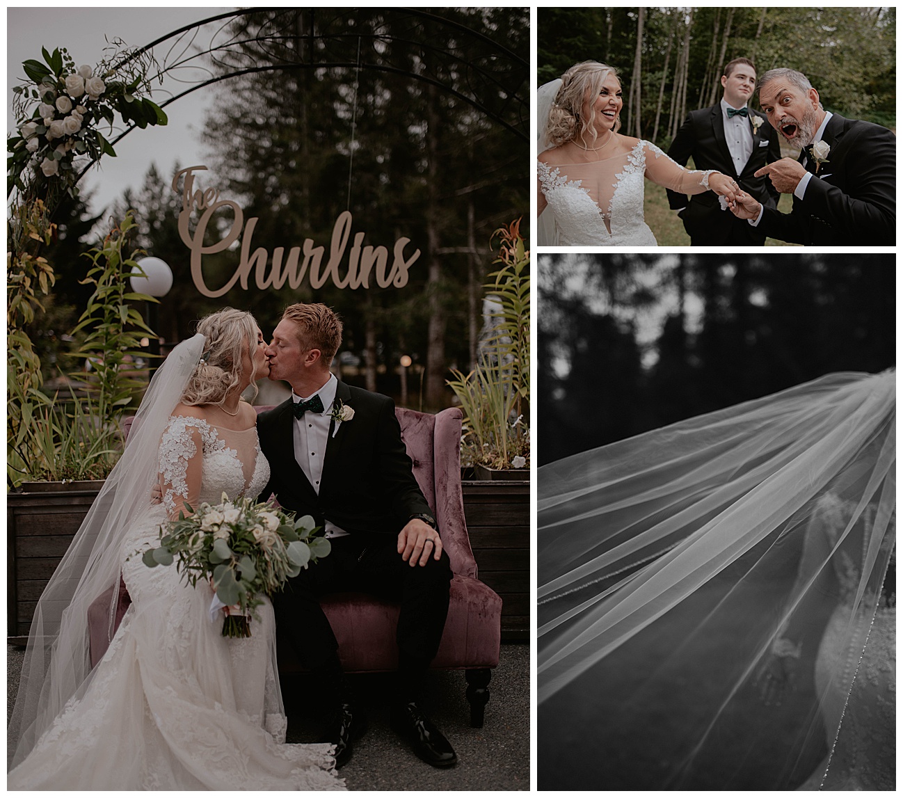 bride and groom posing in front of last name signage at gray bridge venue