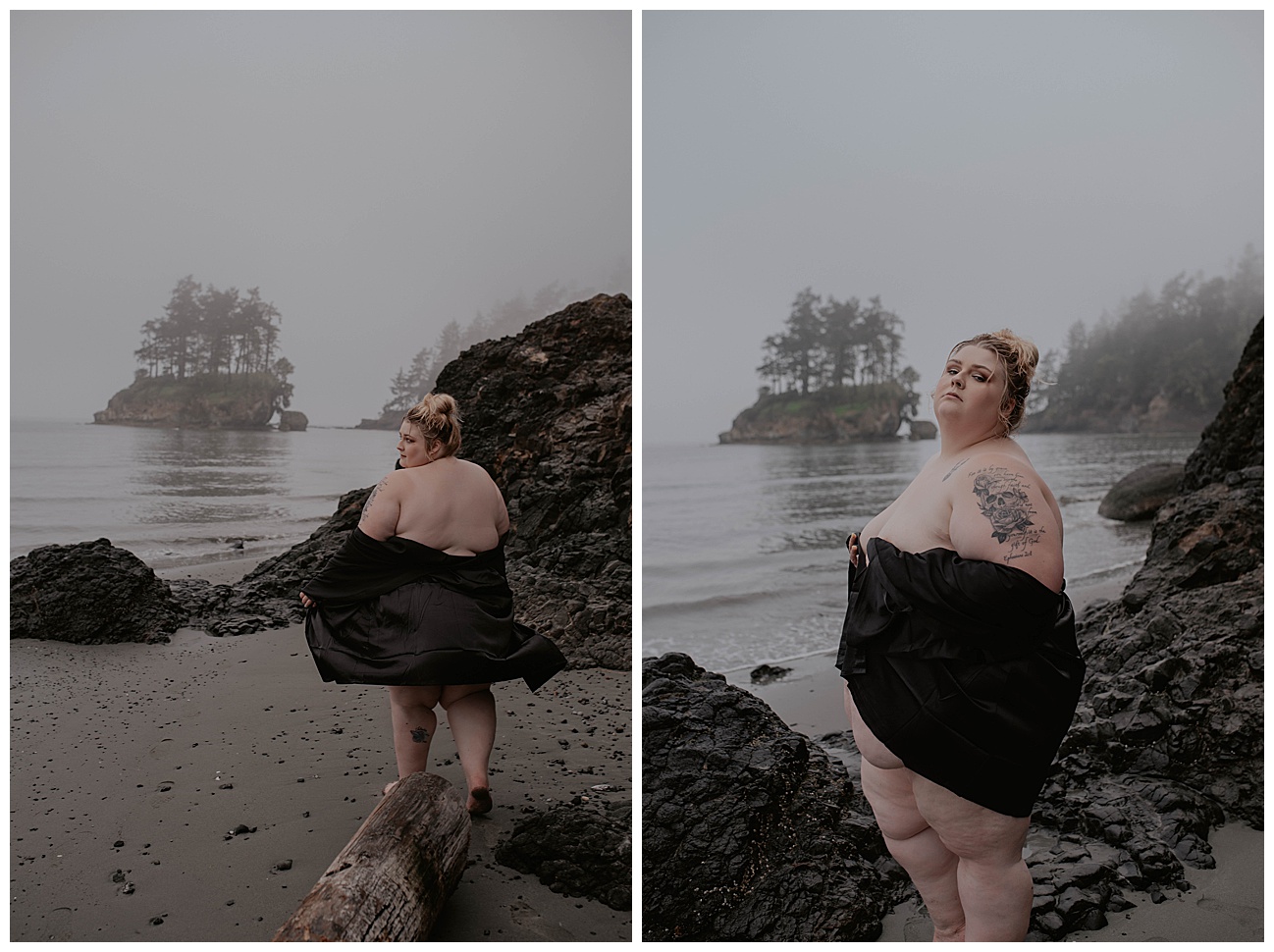 tattooed woman in black robe beach boudoir on PNW beach