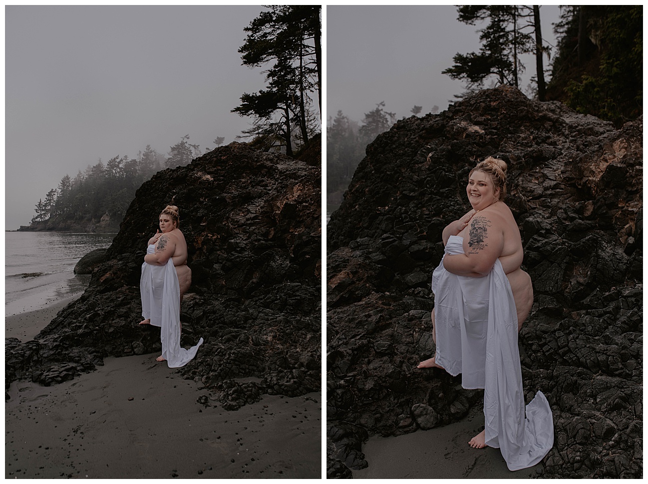 woman wearing white sheet on cold PNW beach