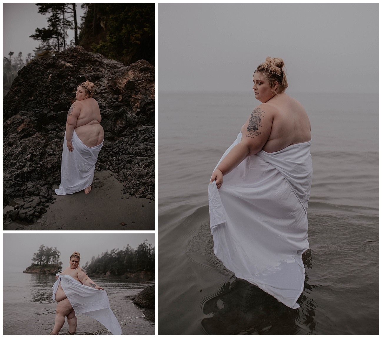 woman posing with sheet on foggy beach with trees