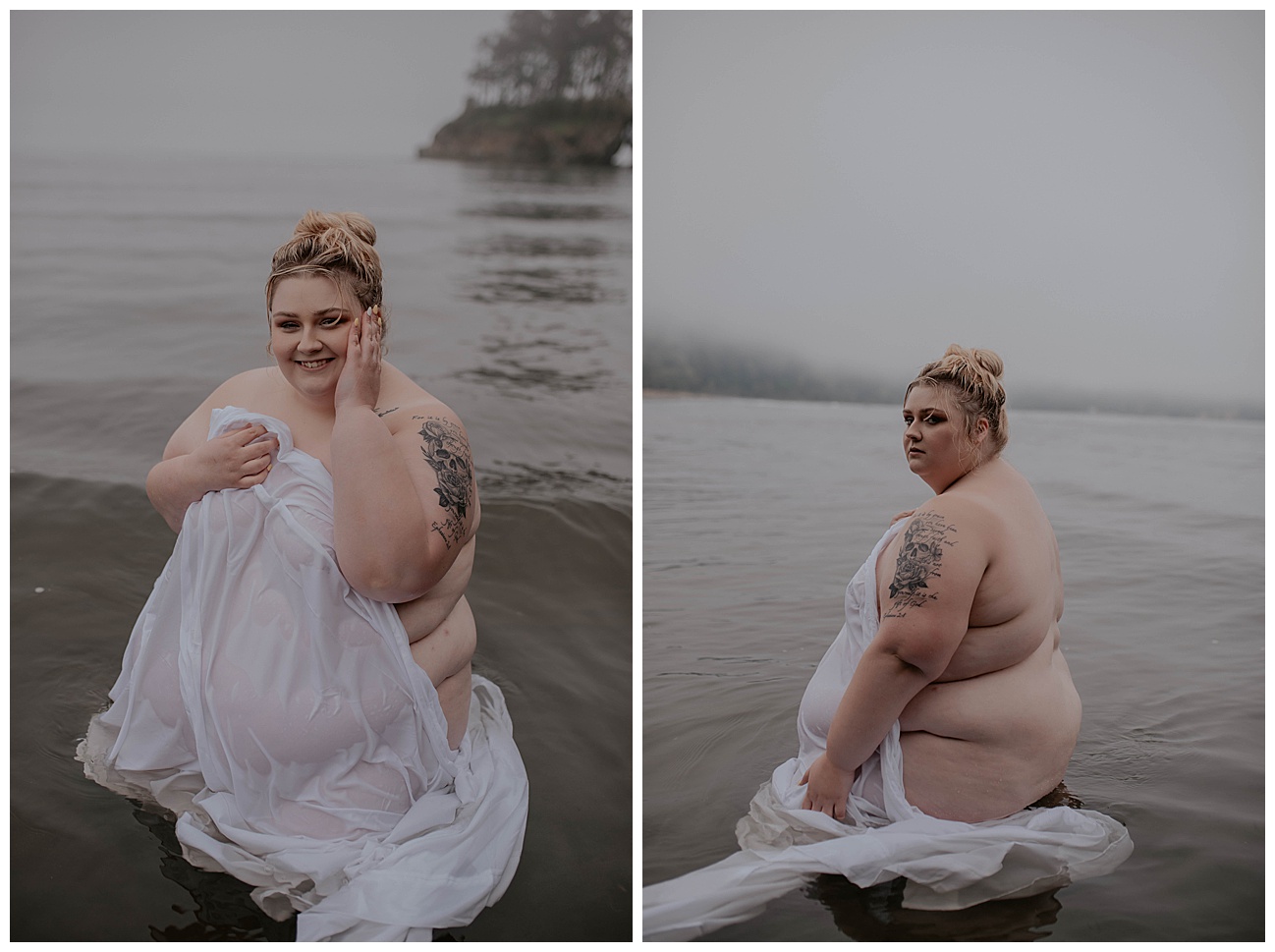 woman kneeling in water with wet white sheet covering her with fog and trees in the distance 