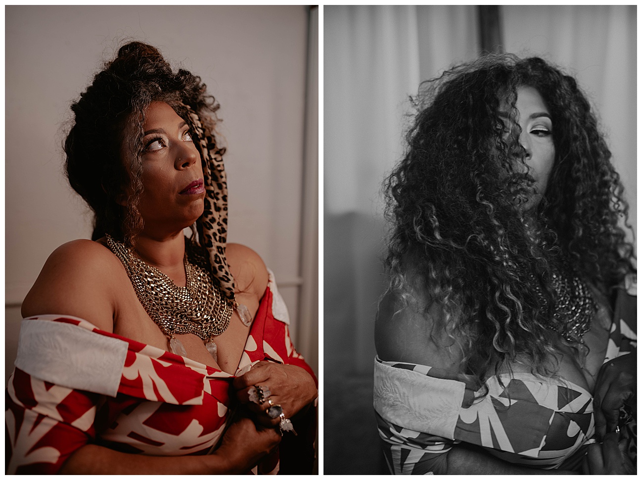 Seattle Brand Photography - Rainbow's Soul Chains of Ola Wyola in Columbia City Seattle by Kendra K Photo kendrakphoto.com woman posing with large vintage crystal chain wearing a animal print headscarf