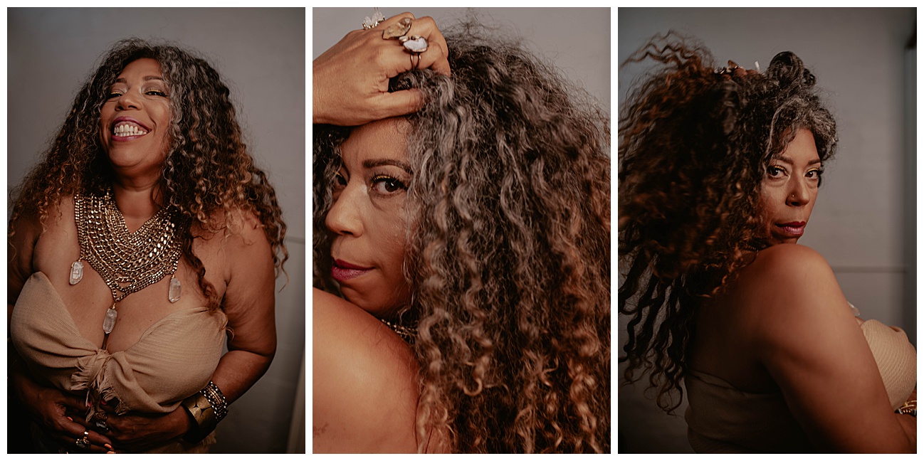 Seattle Brand Photography - Rainbow's Soul Chains of Ola Wyola in Columbia City Seattle by Kendra K Photo kendrakphoto.com woman with messy hair down posing with handmade crystal jewelry