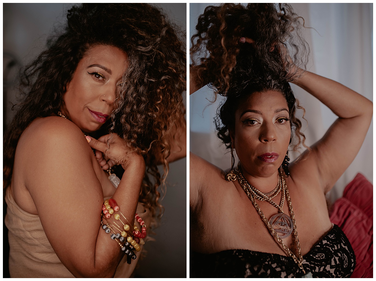 woman wearing vintage chains with crystals messing with hair