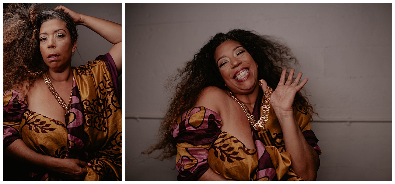 Seattle Brand Photography - Rainbow's Soul Chains of Ola Wyola in Columbia City Seattle by Kendra K Photo kendrakphoto.com woman smiling wearing handmade crystal gold chains