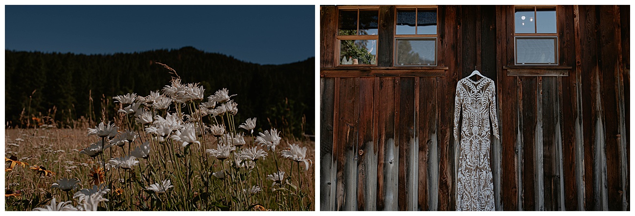 lace wedding dress hanging outside on cabin