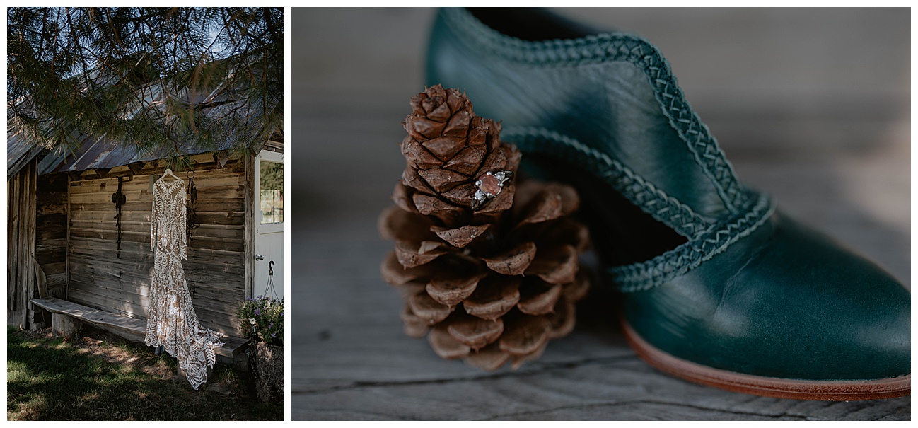 green wedding heel next to pink wedding ring in a pinecone