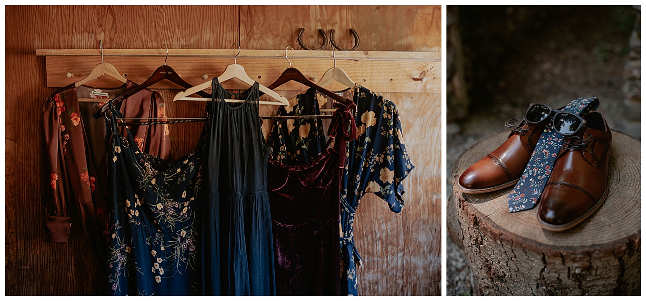 bridesmaids mixed matches dresses hanging in front of old wooden wall