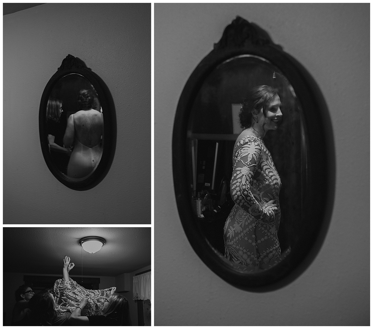 black and white photo of bride getting dressed through a mirror