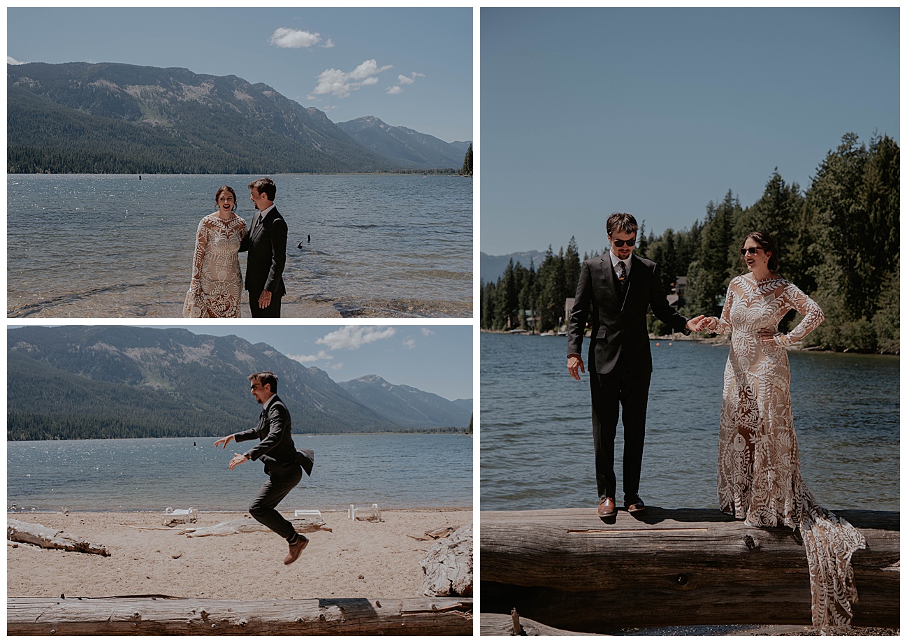wedding couple on blue lake in Washington standing on a large log