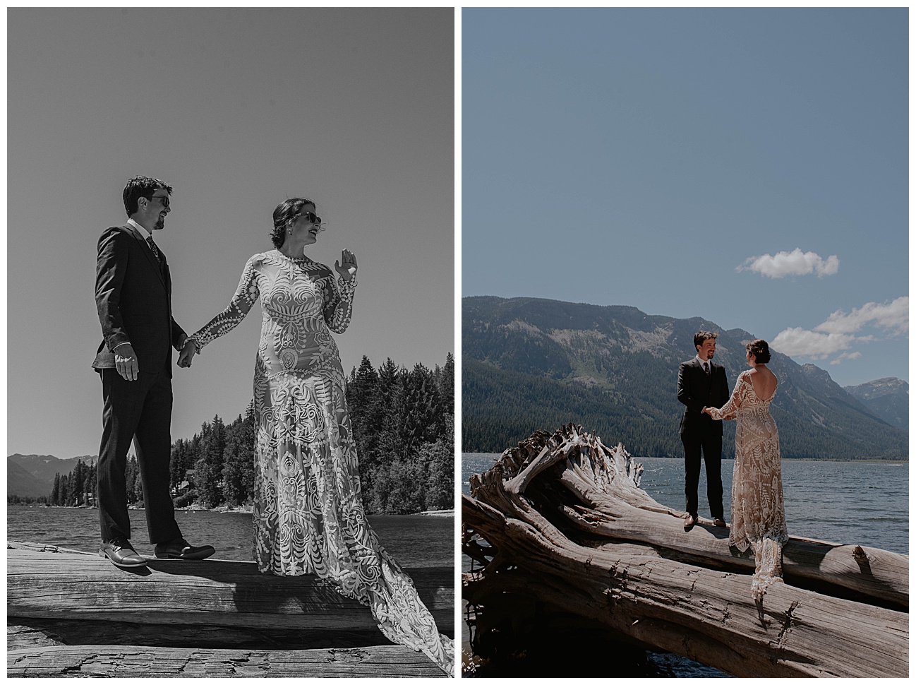 bride and groom standing on large driftwood on beach on a sunny day