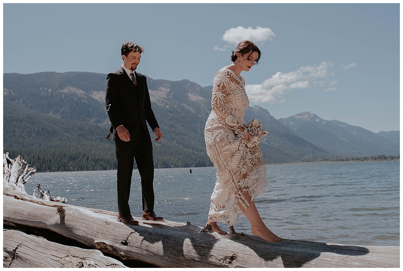 bride and groom walking along driftwood on lake nestled in the mountains