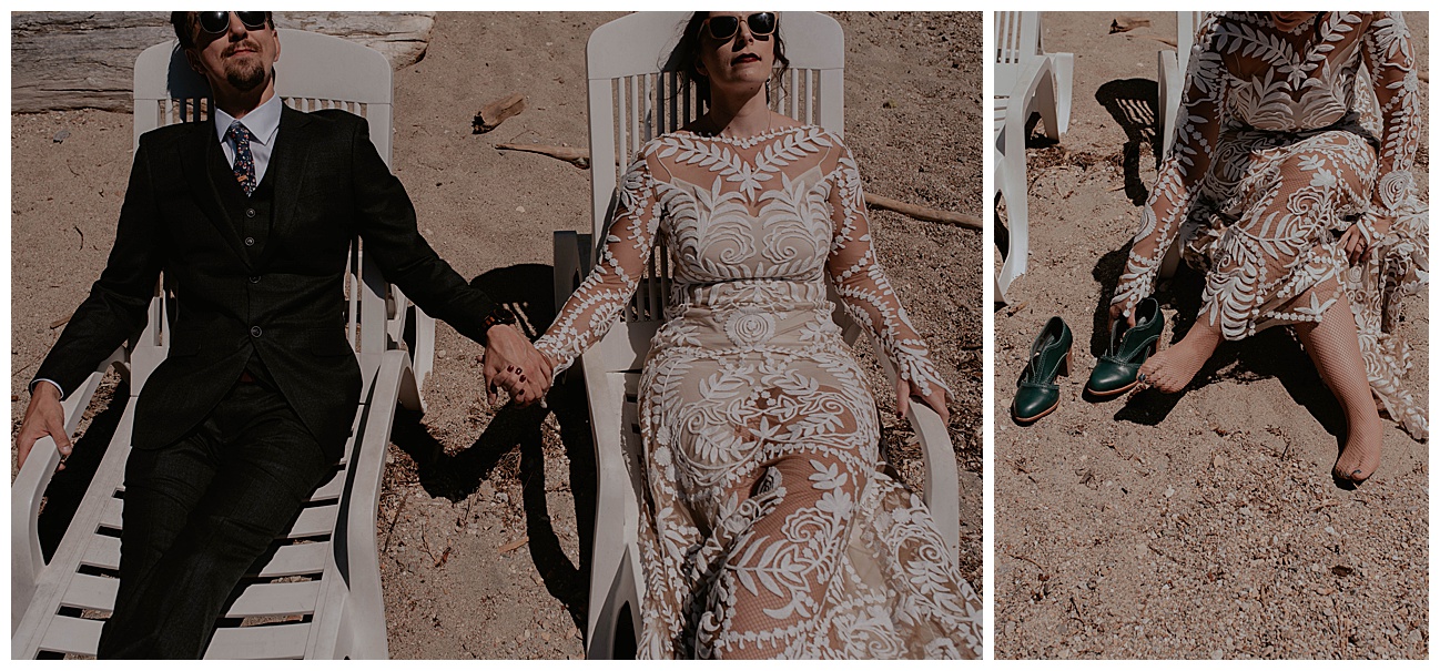 bride and groom hand in hand lounging on sun chairs wearing sunglasses