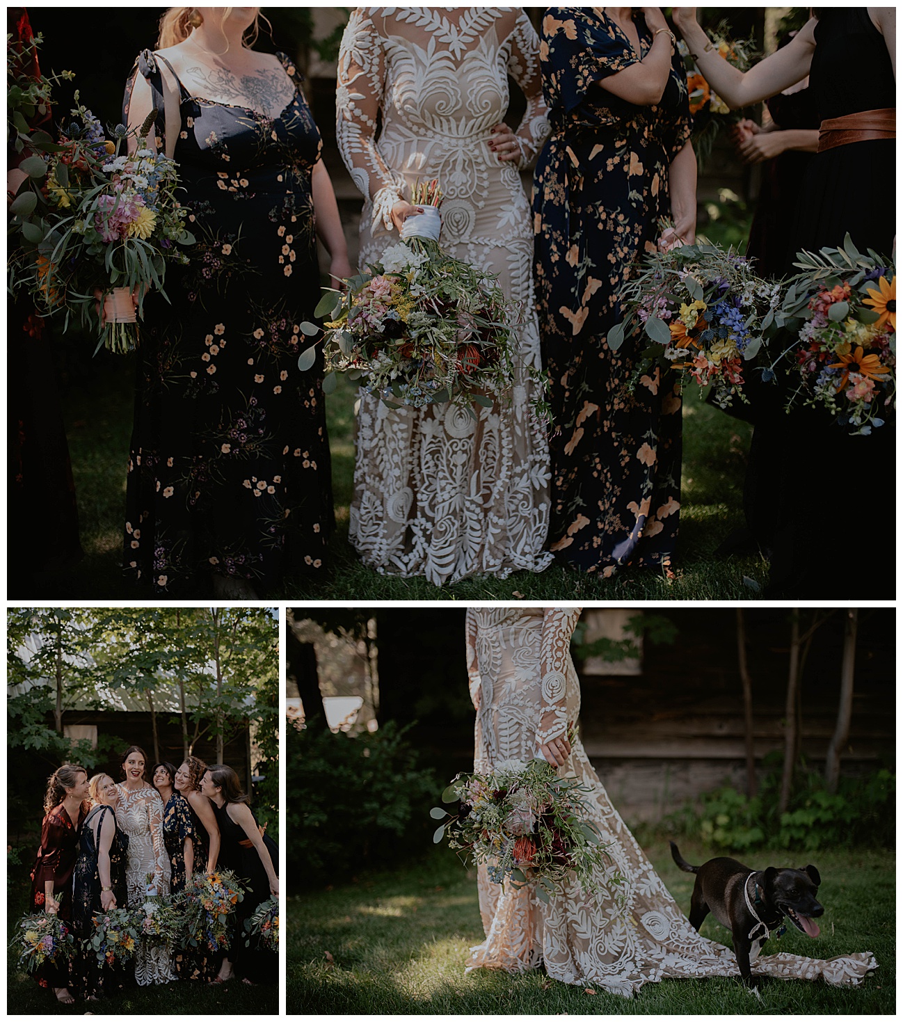 bride and bridesmaids standing together holding their bouquets with brides dog