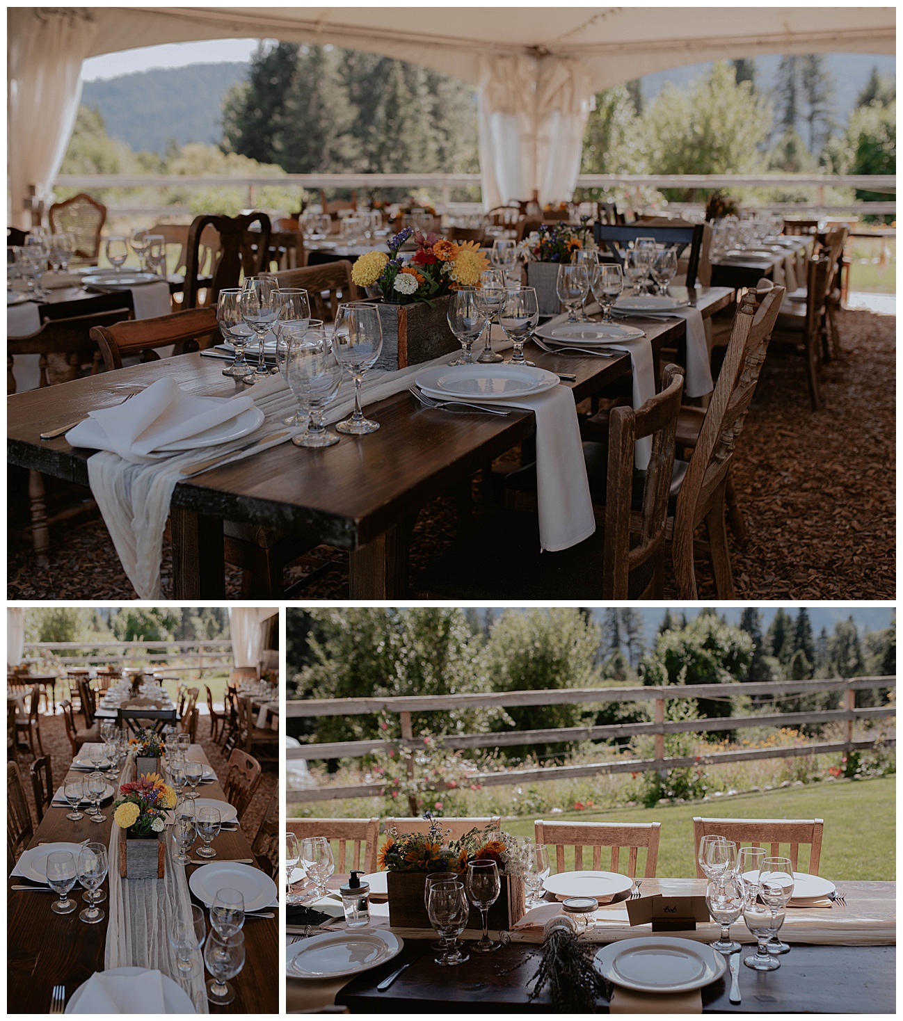 farm style table decor at outdoor mountain wedding with linen and mixed matched chairs 