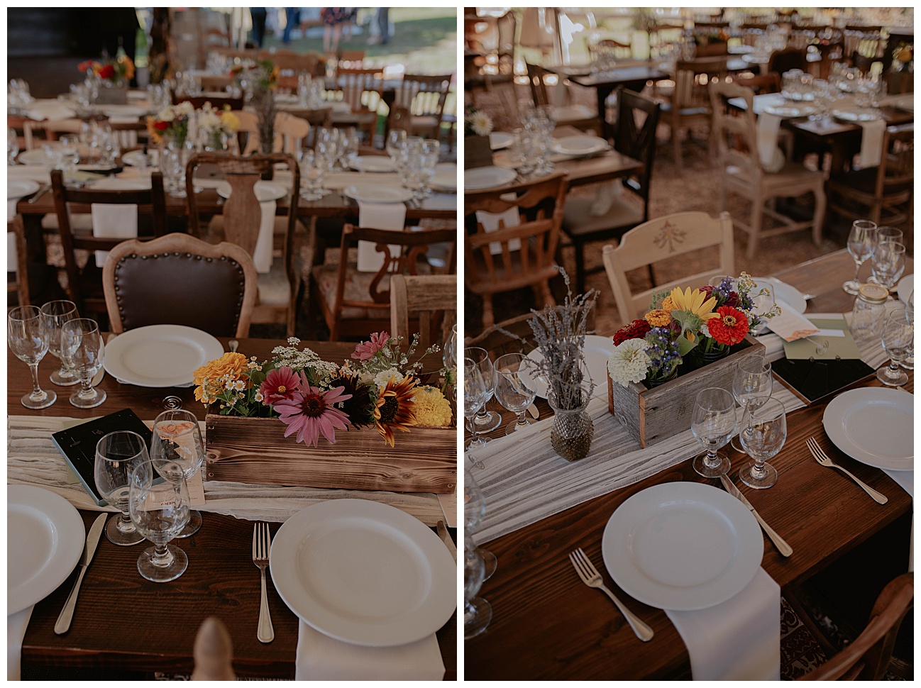mixed matched wooden chairs at wedding reception in mountains 