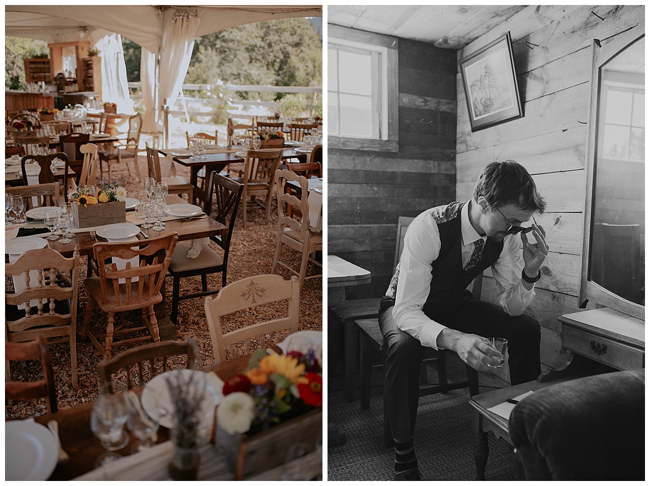 groom writing vows in cozy cabin wearing sunglasses and drinking whiskey