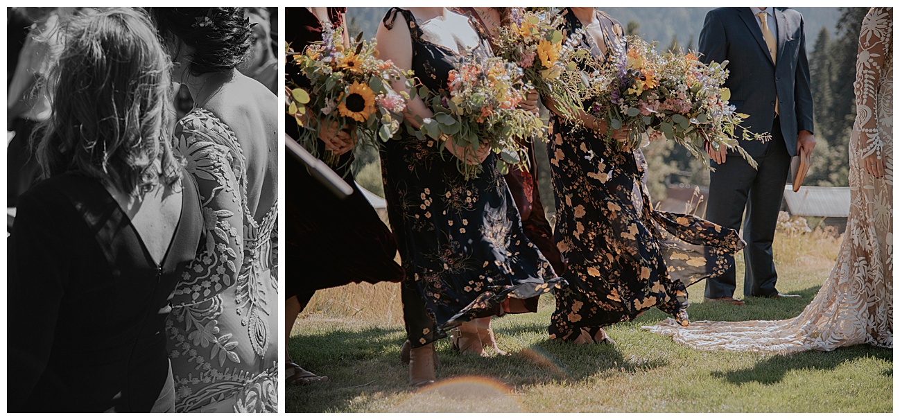 bridesmaids dresses flowing in the wind at the ceremony holding full colorful bouquets 