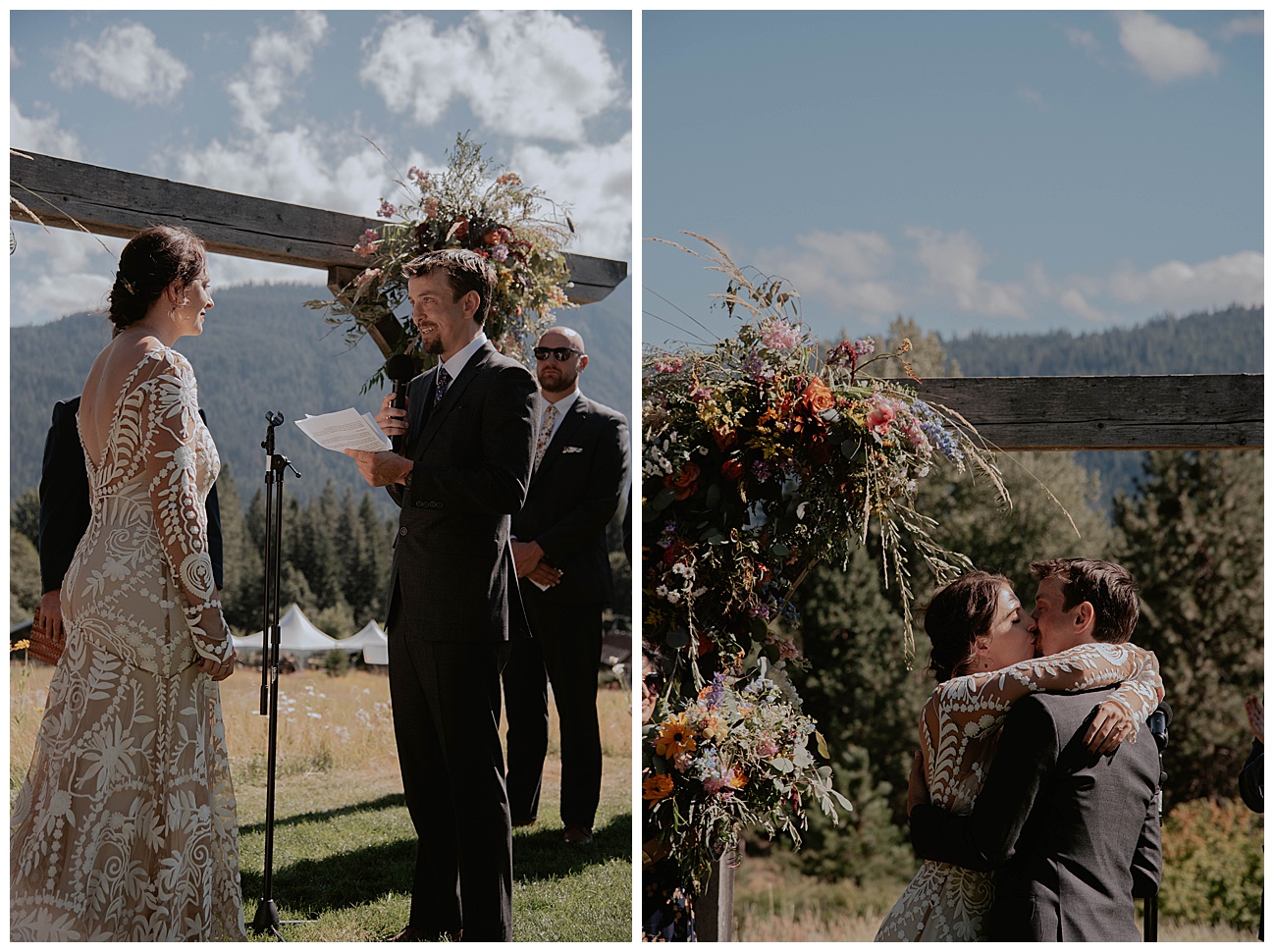 bride and groom exchanging vows under wooden arch with florals on them 