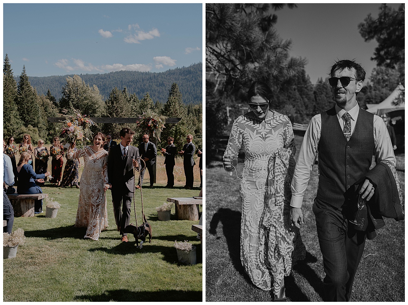 bride and groom walking around in sunglasses and cocktails in hand