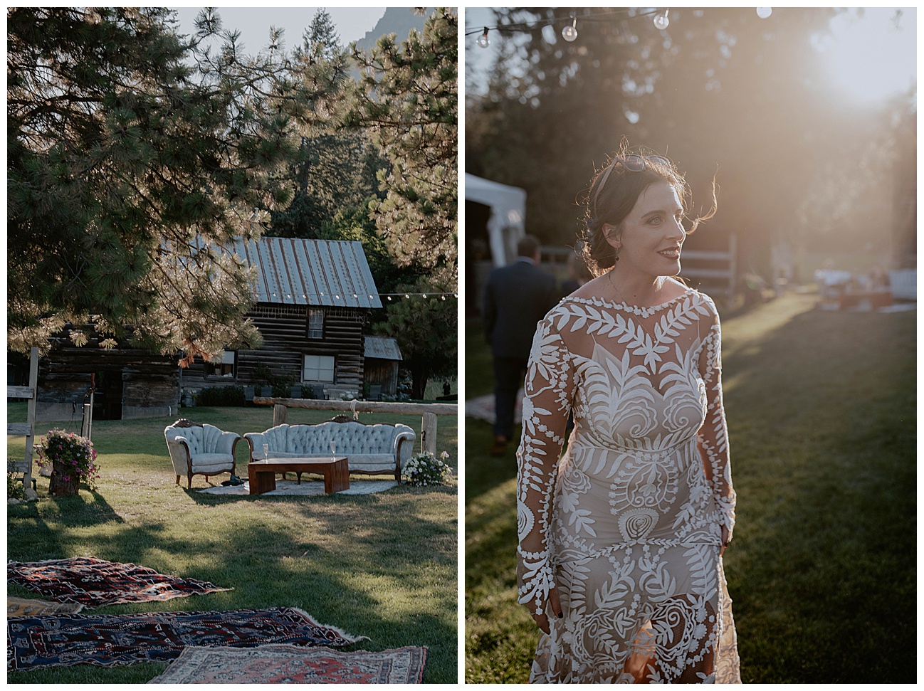 bride wearing unique wedding dress standing in golden light 