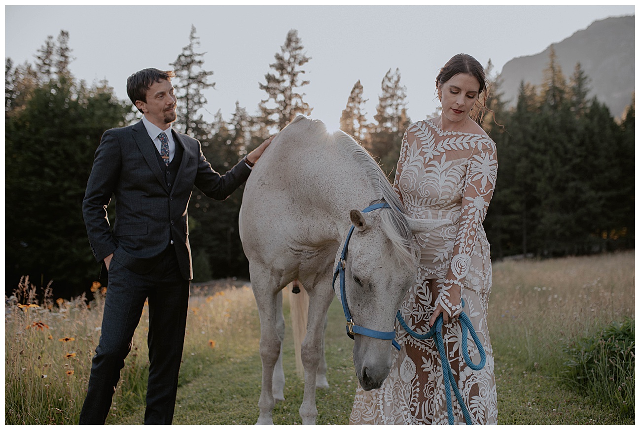 bride and groom standing next to a white horse at golden hour in the mountains 