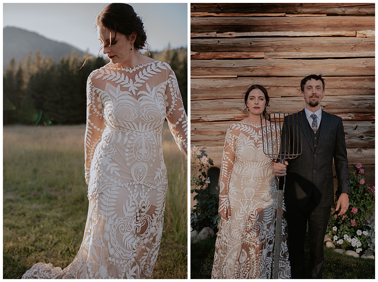 american gothic pose with bride and groom in front of barn