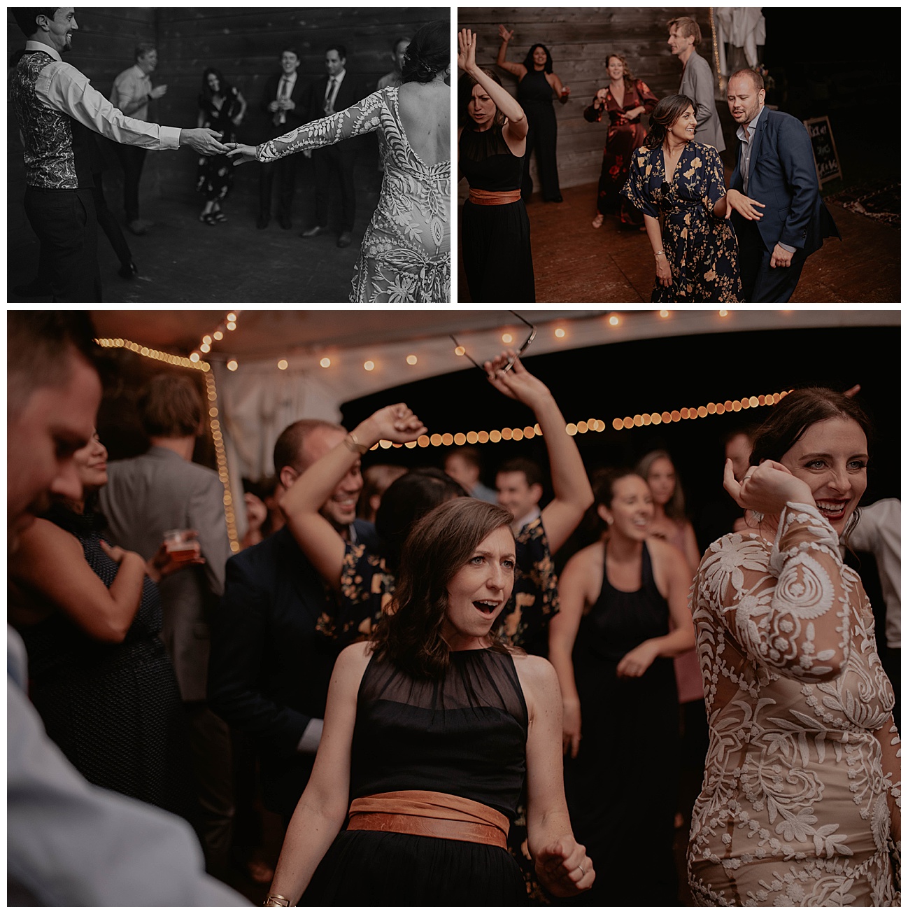 wedding guest dancing with bride and groom
