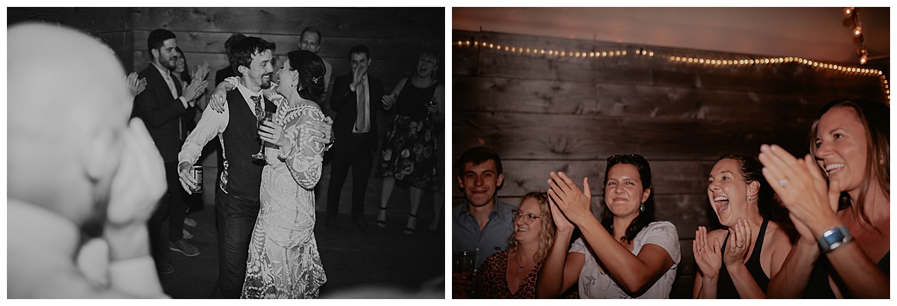 bride and groom sharing kiss on dance floor 