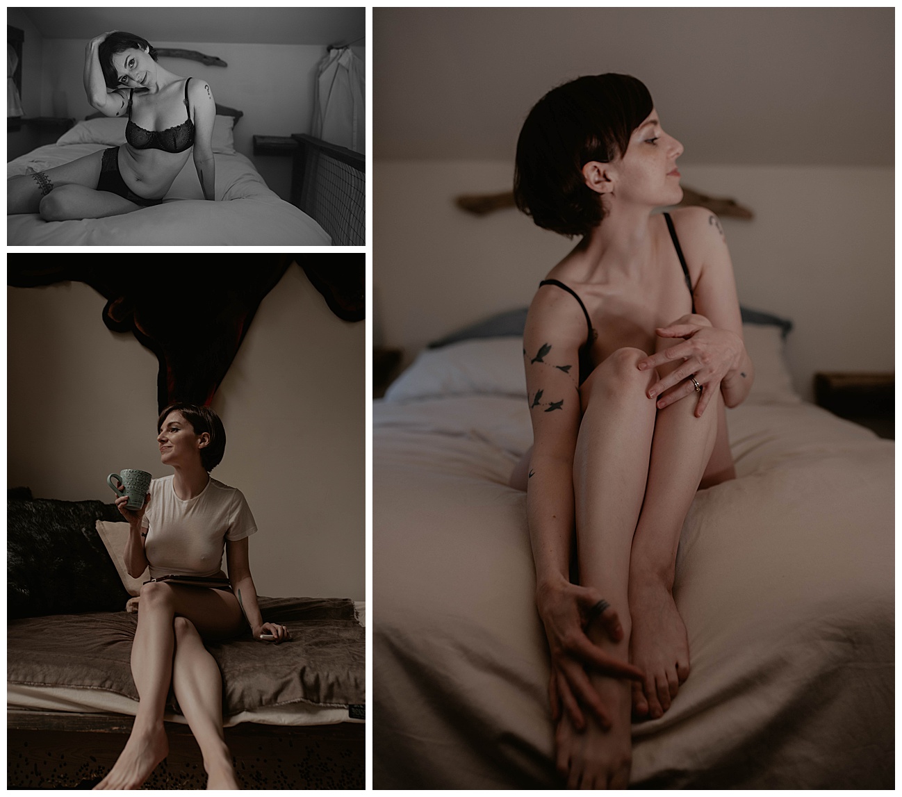 indoor boudoir, tea mug and a white t shirt, black undies set