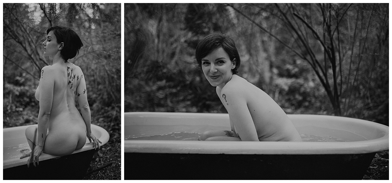 bird back tattoo on woman, outdoor clawfoot bathtub, outdoor boudoir