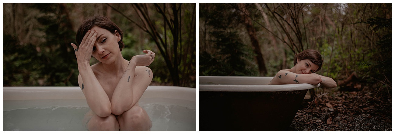 Tatted woman, outdoor clawfoot bathtub, outdoor boudoir, bath boudoir