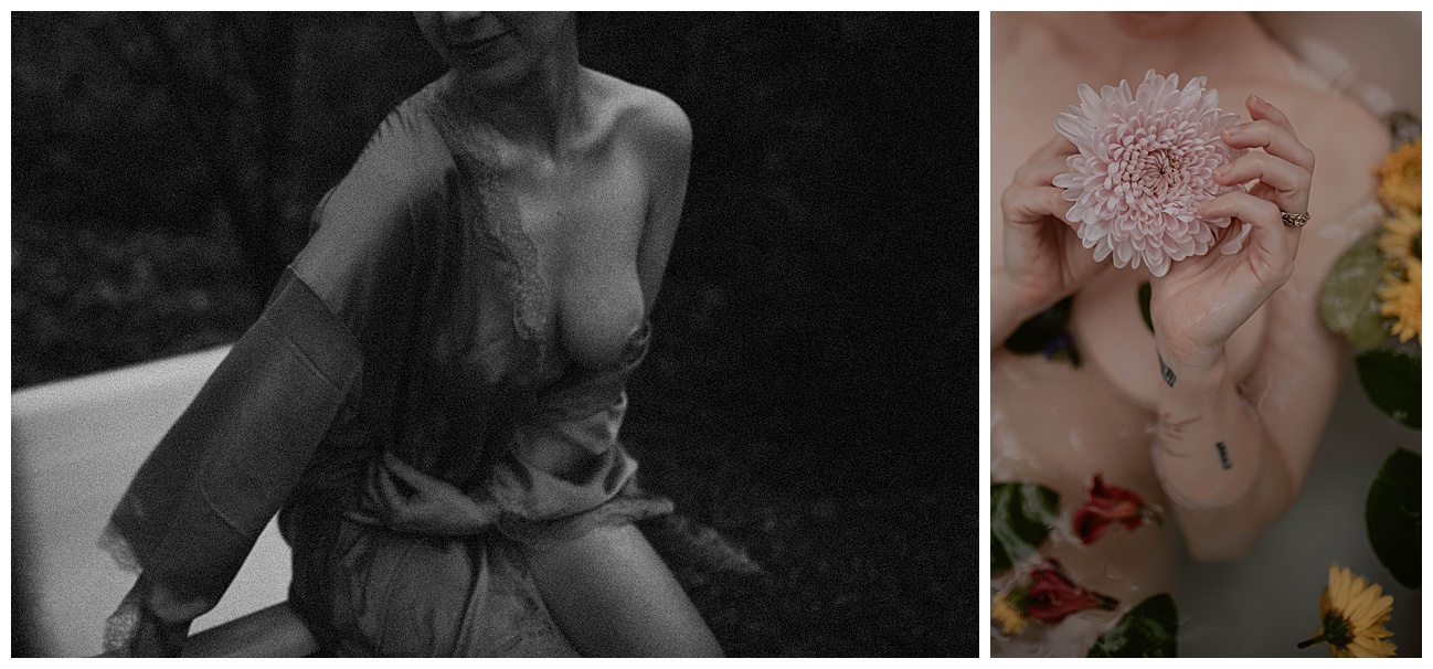 Tatted woman, outdoor clawfoot bathtub, outdoor boudoir, bath boudoir