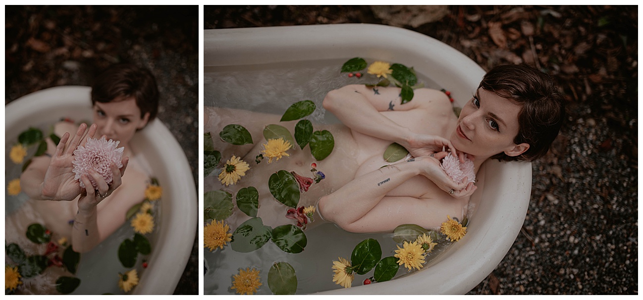 Tatted woman, outdoor clawfoot bathtub, outdoor boudoir, bath boudoir, flower bath