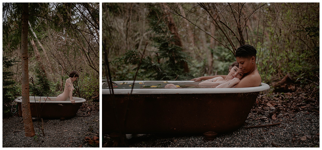 Tatted woman, outdoor clawfoot bathtub, outdoor boudoir, bath boudoir, flowers in water, couple in bathtub