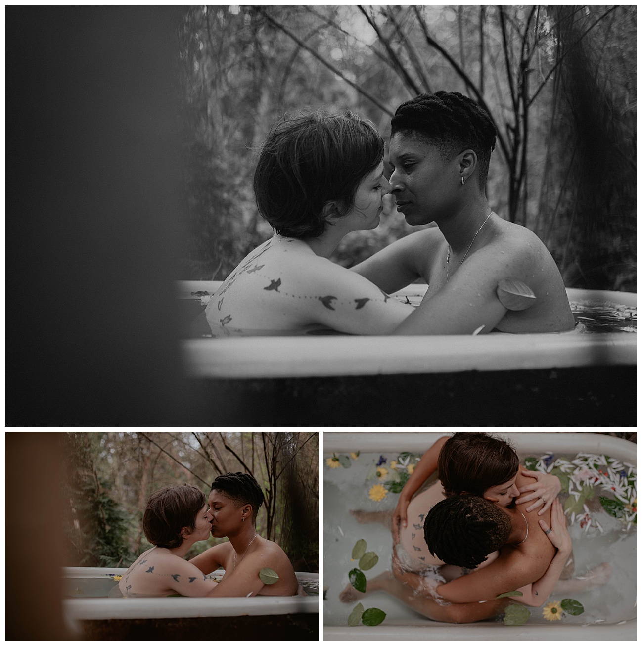Tatted woman, outdoor clawfoot bathtub, outdoor boudoir, bath boudoir, flowers in water, couple in bathtub
