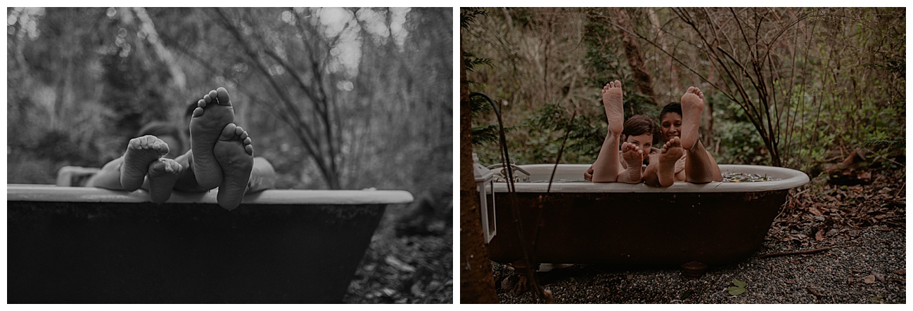 Tatted woman, outdoor clawfoot bathtub, outdoor boudoir, bath boudoir, flowers in water, couple in bathtub, feet 