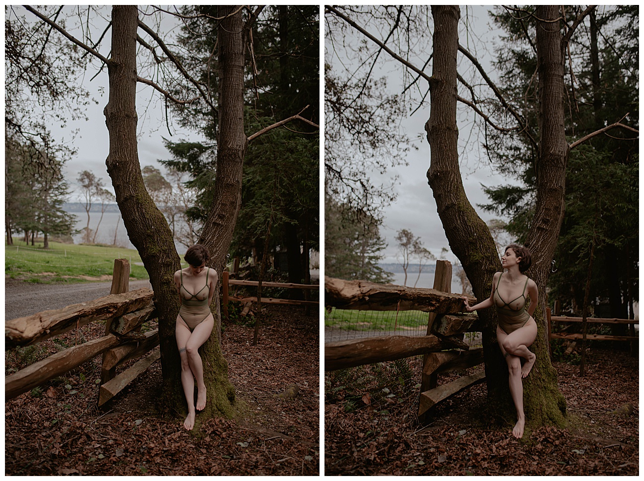 Tatted woman, green lingerieoutfit, outdoor boudoir, witch in nature