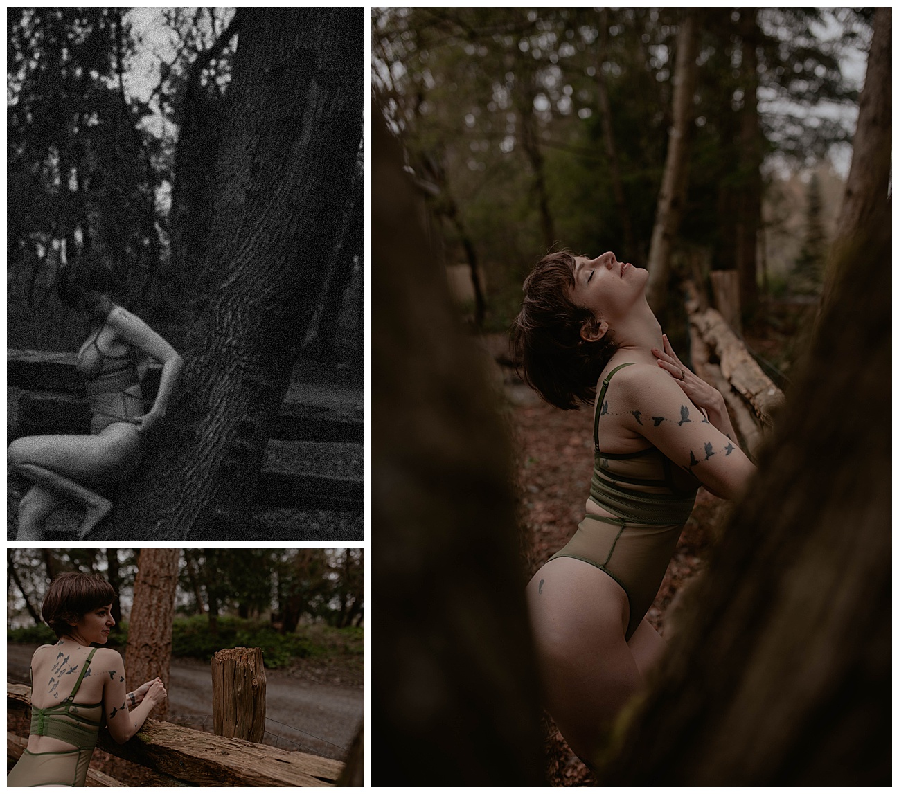 Tatted woman, green lingerieoutfit, outdoor boudoir, witch in nature