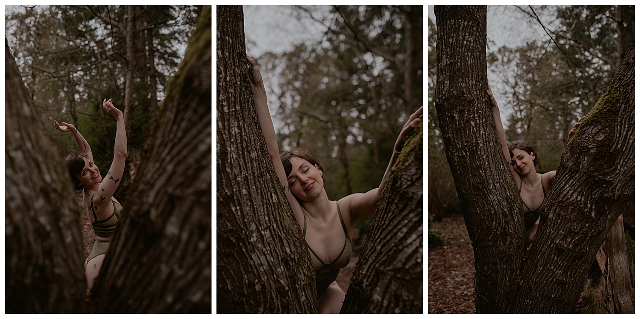 Tatted woman, green lingerieoutfit, outdoor boudoir, witch in nature by tree
