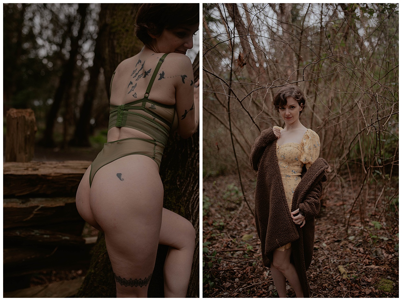 Tatted woman, green lingerieoutfit, outdoor boudoir, witch in nature in yellow dress