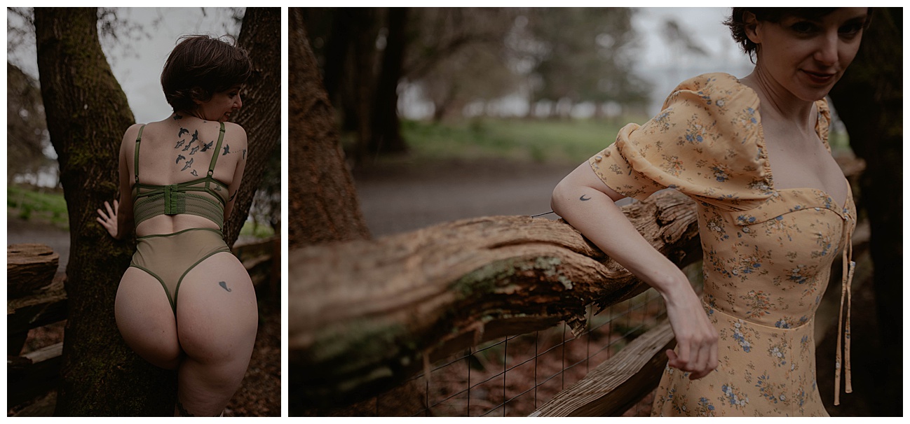 Tatted woman, green lingerieoutfit, outdoor boudoir, witch in nature in yellow dress