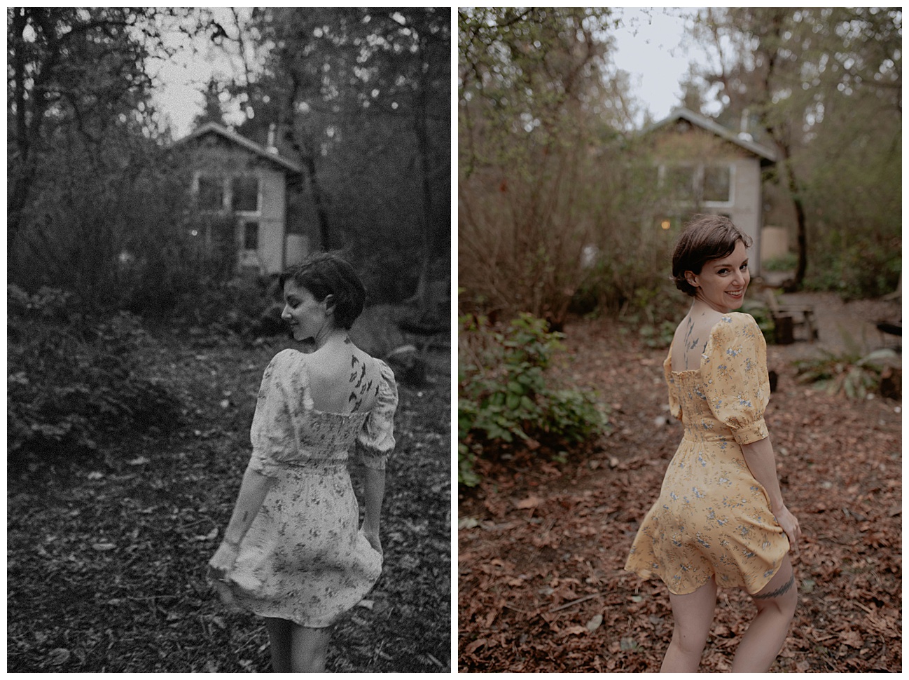 Tatted woman, outdoor boudoir, witch in nature in yellow dress, cottage core