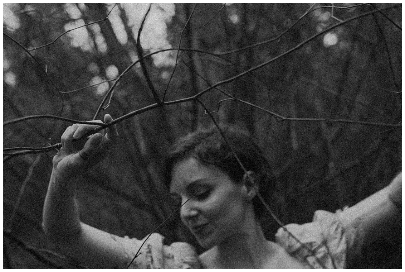 Tatted woman, outdoor boudoir, witch in nature in yellow dress, cottage core